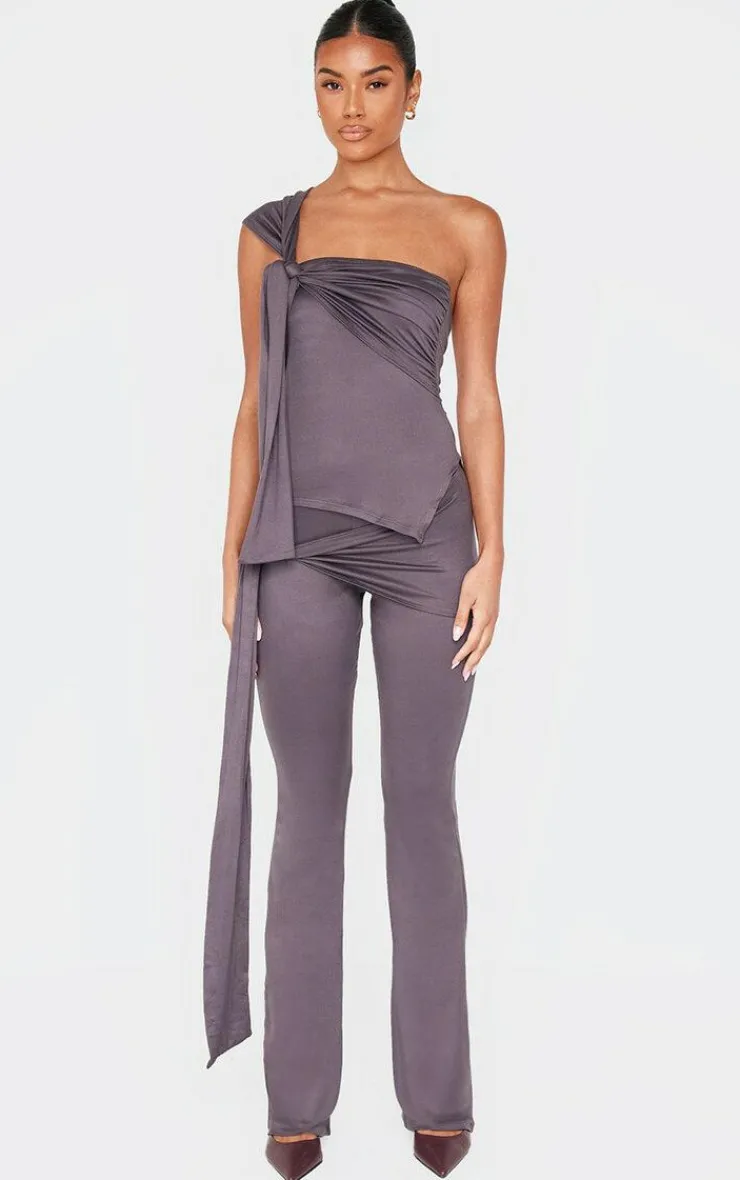 Hot PrettyLittleThing Soft Touch Tie Detail One Shoulder Top Dark Grey