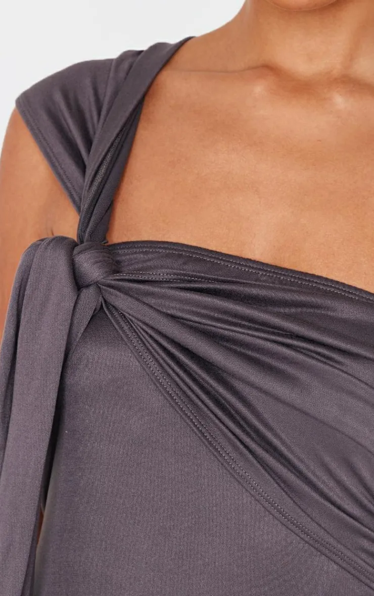 Hot PrettyLittleThing Soft Touch Tie Detail One Shoulder Top Dark Grey