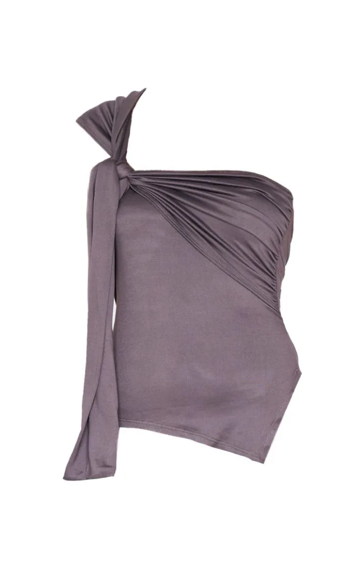 Hot PrettyLittleThing Soft Touch Tie Detail One Shoulder Top Dark Grey