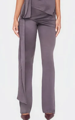 New PrettyLittleThing Soft Touch Tie Detail Flared Pants Dark Grey