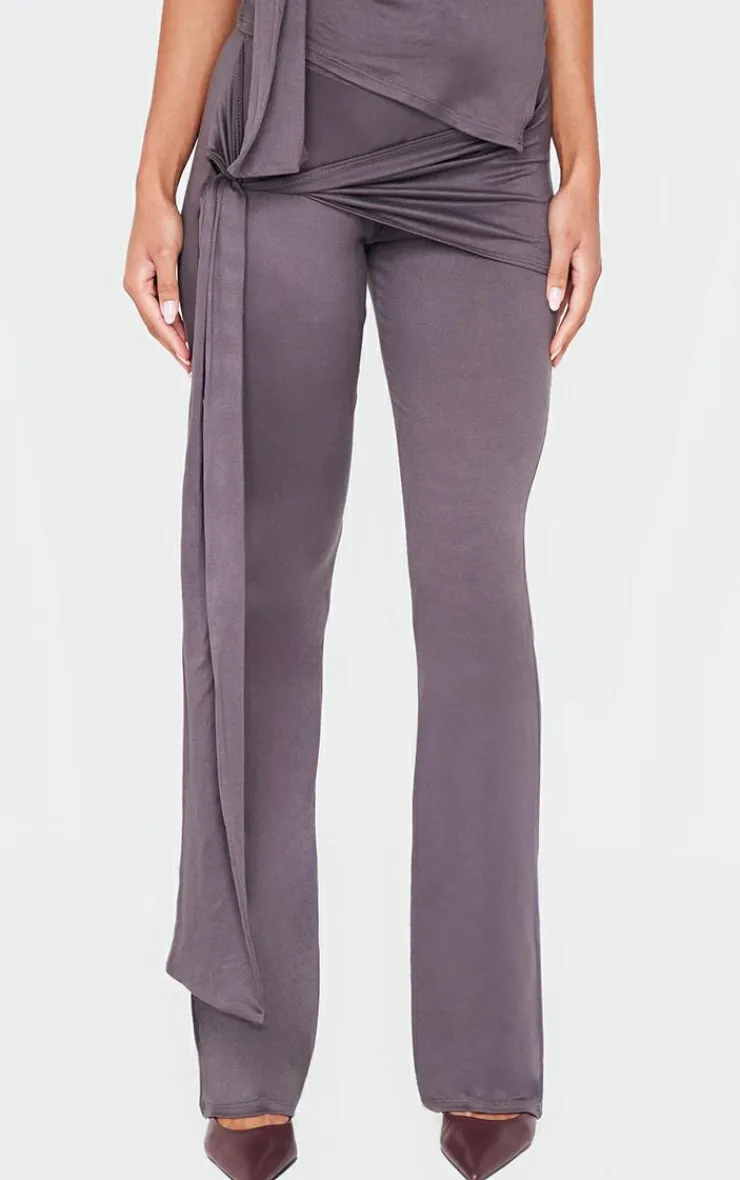 New PrettyLittleThing Soft Touch Tie Detail Flared Pants Dark Grey