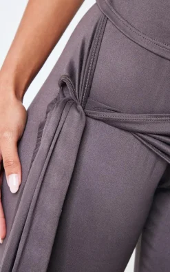 New PrettyLittleThing Soft Touch Tie Detail Flared Pants Dark Grey