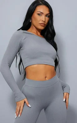 PrettyLittleThing Structured Snatched Ribbed Round Neck Long Sleeve Crop Top Dark Grey
