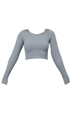 PrettyLittleThing Structured Snatched Ribbed Round Neck Long Sleeve Crop Top Dark Grey