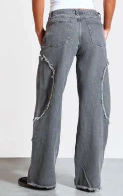 Dark Grey Washed Asymmetric Frayed Detail Mid Rise Straight Leg Jeans