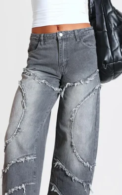 Dark Grey Washed Asymmetric Frayed Detail Mid Rise Straight Leg Jeans
