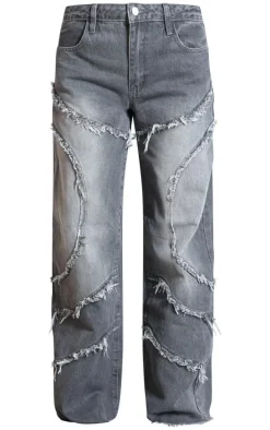 Dark Grey Washed Asymmetric Frayed Detail Mid Rise Straight Leg Jeans