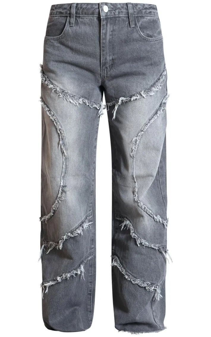 Dark Grey Washed Asymmetric Frayed Detail Mid Rise Straight Leg Jeans