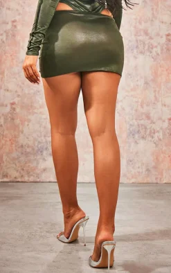 Discount PrettyLittleThing Disco Cut Out Silver Detail Micro Mini Skirt Dark Khaki