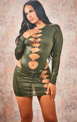 Discount PrettyLittleThing Disco Cut Out Silver Detail Micro Mini Skirt Dark Khaki