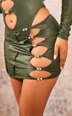 Discount PrettyLittleThing Disco Cut Out Silver Detail Micro Mini Skirt Dark Khaki