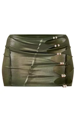 Discount PrettyLittleThing Disco Cut Out Silver Detail Micro Mini Skirt Dark Khaki