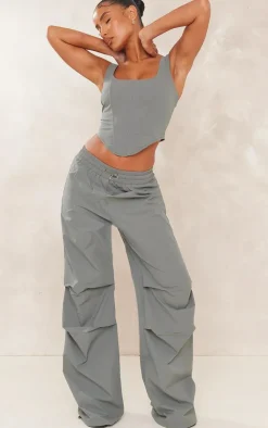 Clearance PrettyLittleThing Shell Ruched Toggle Drawstring Cargo Pants Dark Khaki