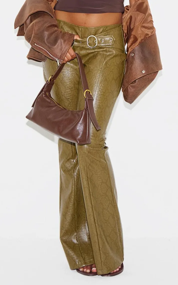 Dark Khaki Snake Print Faux Leather Low Rise Pants