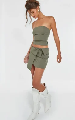 Hot PrettyLittleThing Stretch Woven Foldover Tie Mini Skirt Dark Khaki