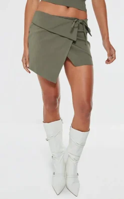 Hot PrettyLittleThing Stretch Woven Foldover Tie Mini Skirt Dark Khaki