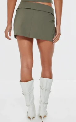Hot PrettyLittleThing Stretch Woven Foldover Tie Mini Skirt Dark Khaki