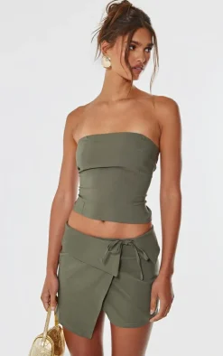 Hot PrettyLittleThing Stretch Woven Foldover Tie Mini Skirt Dark Khaki
