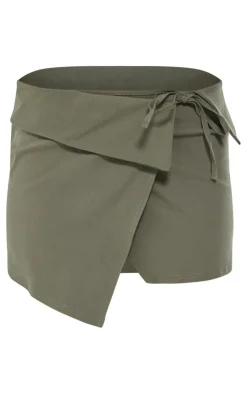 Hot PrettyLittleThing Stretch Woven Foldover Tie Mini Skirt Dark Khaki