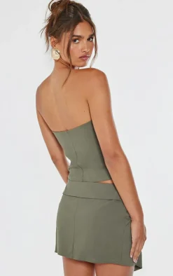 Online PrettyLittleThing Stretch Woven Longline Bandeau Dark Khaki