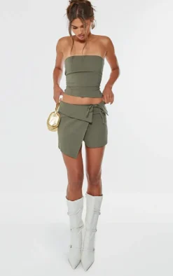 Online PrettyLittleThing Stretch Woven Longline Bandeau Dark Khaki