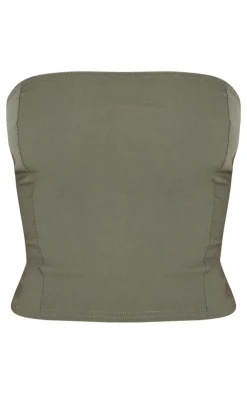 Online PrettyLittleThing Stretch Woven Longline Bandeau Dark Khaki