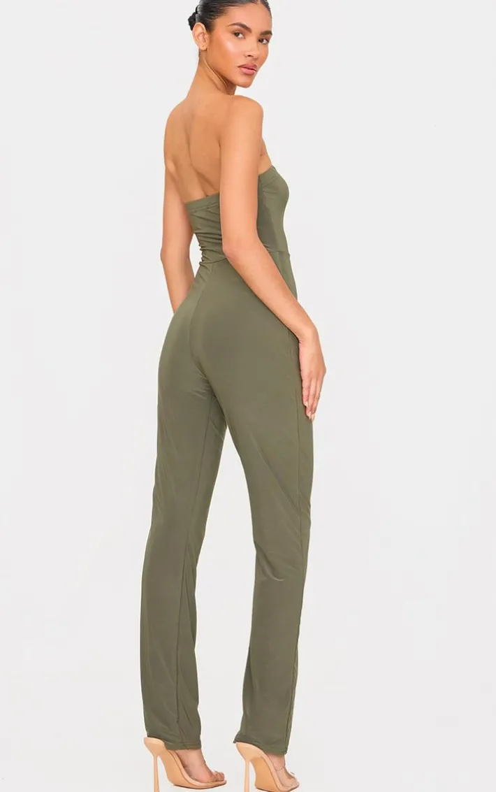 Dark Olive Double Layer Slinky Bandeau Straight Leg Jumpsuit