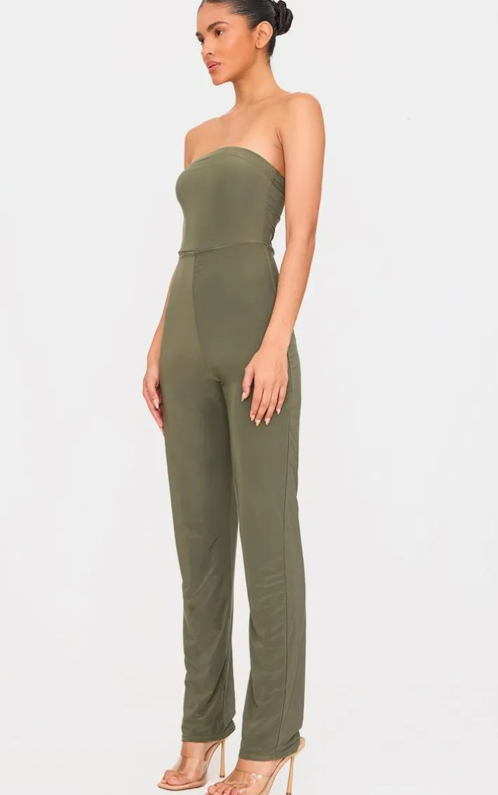 Dark Olive Double Layer Slinky Bandeau Straight Leg Jumpsuit