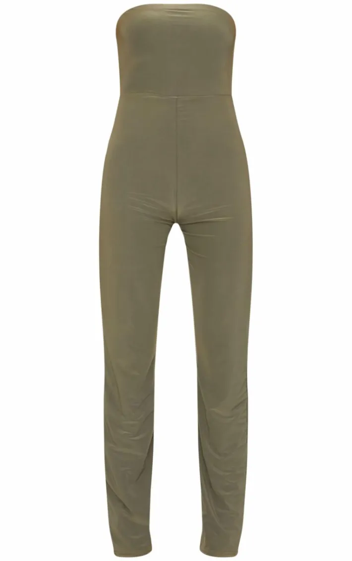 Dark Olive Double Layer Slinky Bandeau Straight Leg Jumpsuit