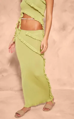 Sale PrettyLittleThing Rib Knit Frill Detail Maxi Skirt Dark Olive