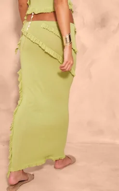 Sale PrettyLittleThing Rib Knit Frill Detail Maxi Skirt Dark Olive