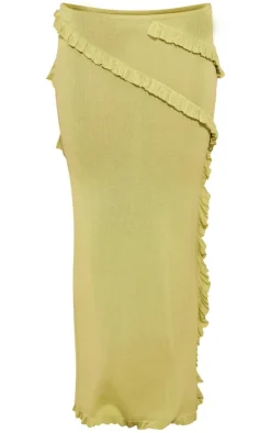 Sale PrettyLittleThing Rib Knit Frill Detail Maxi Skirt Dark Olive