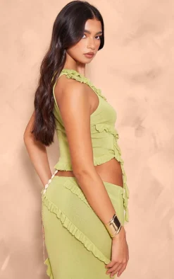 Best PrettyLittleThing Rib Knit Frill Detail Asymmetric Top Dark Olive
