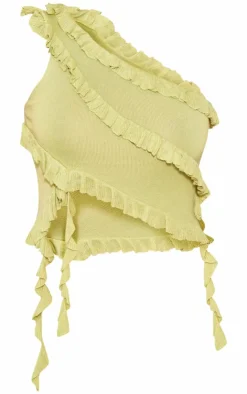 Best PrettyLittleThing Rib Knit Frill Detail Asymmetric Top Dark Olive