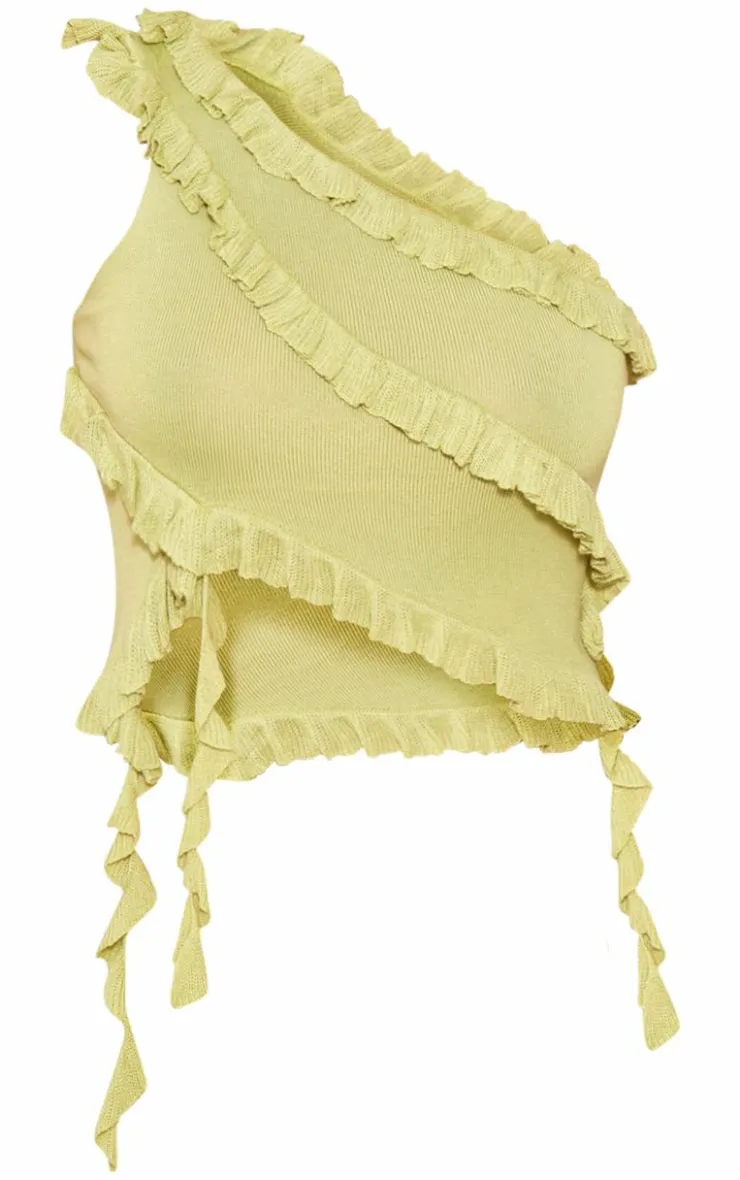 Best PrettyLittleThing Rib Knit Frill Detail Asymmetric Top Dark Olive