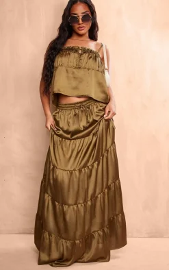 Outlet PrettyLittleThing Satin Ruched Button Front Cami Top Dark Olive