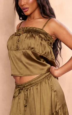 Outlet PrettyLittleThing Satin Ruched Button Front Cami Top Dark Olive