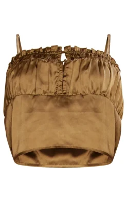 Outlet PrettyLittleThing Satin Ruched Button Front Cami Top Dark Olive