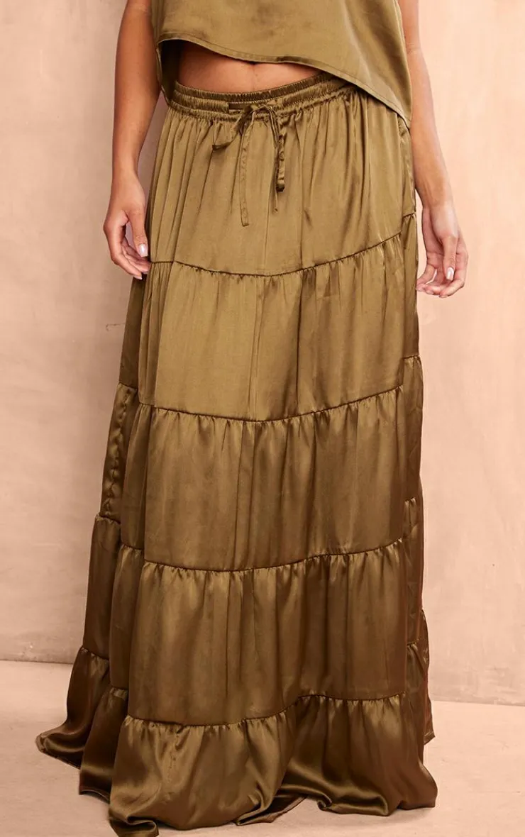 New PrettyLittleThing Satin Tiered Maxi Skirt Dark Olive