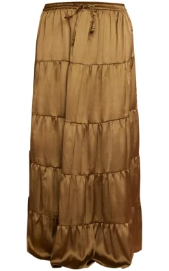New PrettyLittleThing Satin Tiered Maxi Skirt Dark Olive