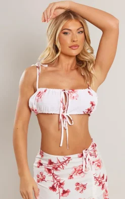 Best PrettyLittleThing Woven Floral Printed Tie Strap Bralet Dark Pink