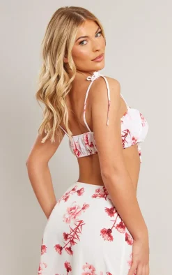 Best PrettyLittleThing Woven Floral Printed Tie Strap Bralet Dark Pink
