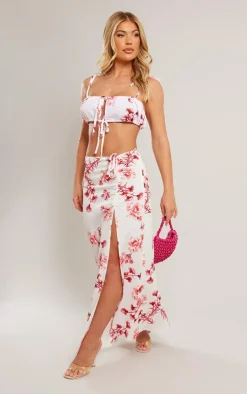Best PrettyLittleThing Woven Floral Printed Tie Strap Bralet Dark Pink