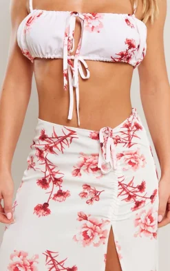 Best PrettyLittleThing Woven Floral Printed Tie Strap Bralet Dark Pink