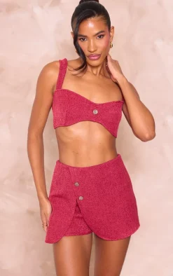 New PrettyLittleThing Boucle Button Detail Bralet Dark Red
