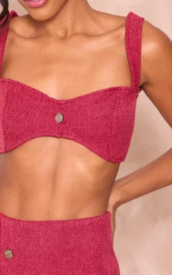 New PrettyLittleThing Boucle Button Detail Bralet Dark Red