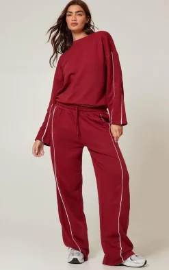 Sale PrettyLittleThing Contrast Piping Detail Wide Leg Sweatpants Dark Red