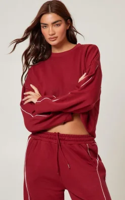 Sale PrettyLittleThing Contrast Piping Detail Wide Leg Sweatpants Dark Red