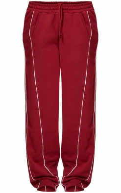 Sale PrettyLittleThing Contrast Piping Detail Wide Leg Sweatpants Dark Red