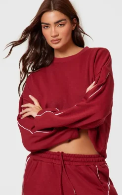 PrettyLittleThing Contrast Piping Detail Sweatshirt Dark Red